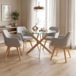 Dining Room with Safira Gray Armchairs and Antoro Glass Table D100x75cm Set of 5pcs