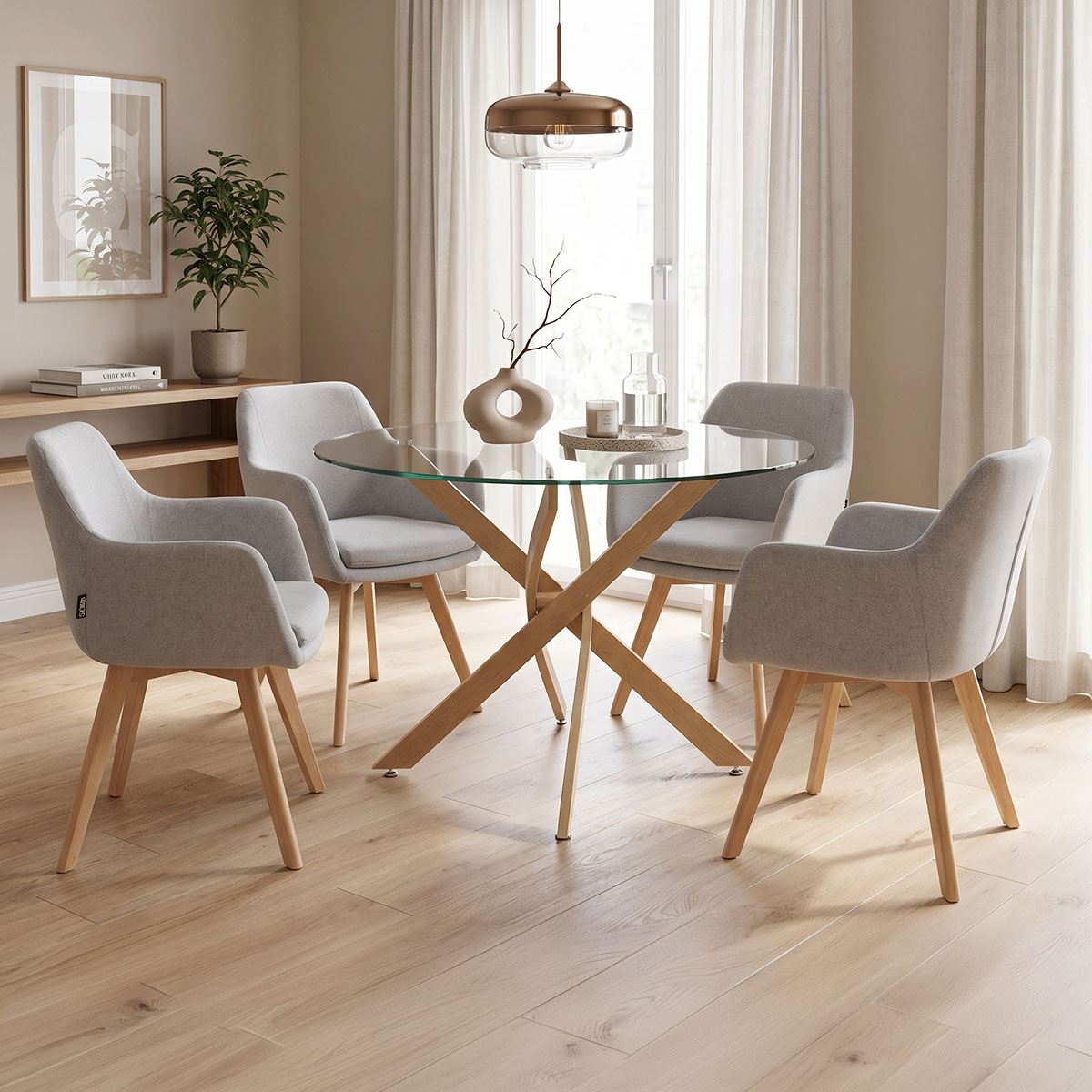 200-001532 Dining Room with Safira Gray Armchairs and Antoro Glass Table D100x75cm Set of 5pcs - Image 1
