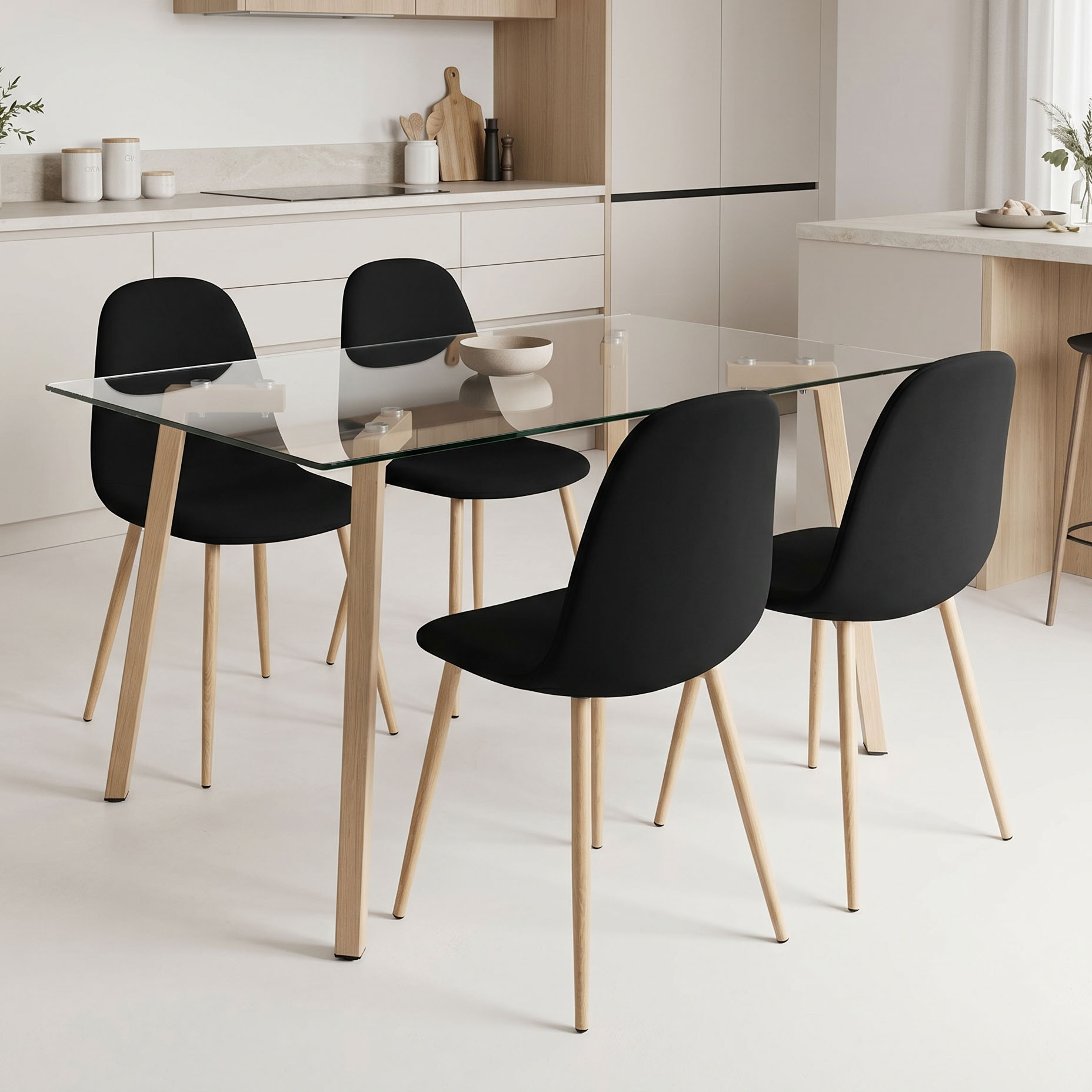 200-001563 Dining Room with Bella Black Chairs and Titta Glass Table 120x70x75cm Set of 5pcs - Image 1