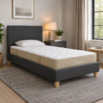 Bed with mattress Nevil-Nemesis anthracite fabric with natural color leg 100x200cm