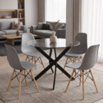 Dining room with Julita chairs grey and Antoro table glass with black metal Φ80x75cm set 5pcs