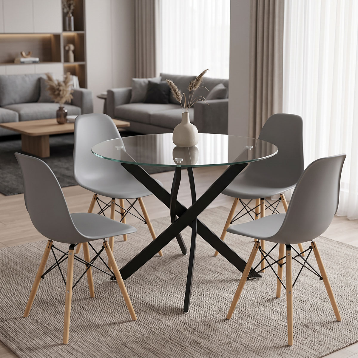 200-001907 Dining room with Julita chairs grey and Antoro table glass with black metal Φ80x75cm set 5pcs - Слика 1