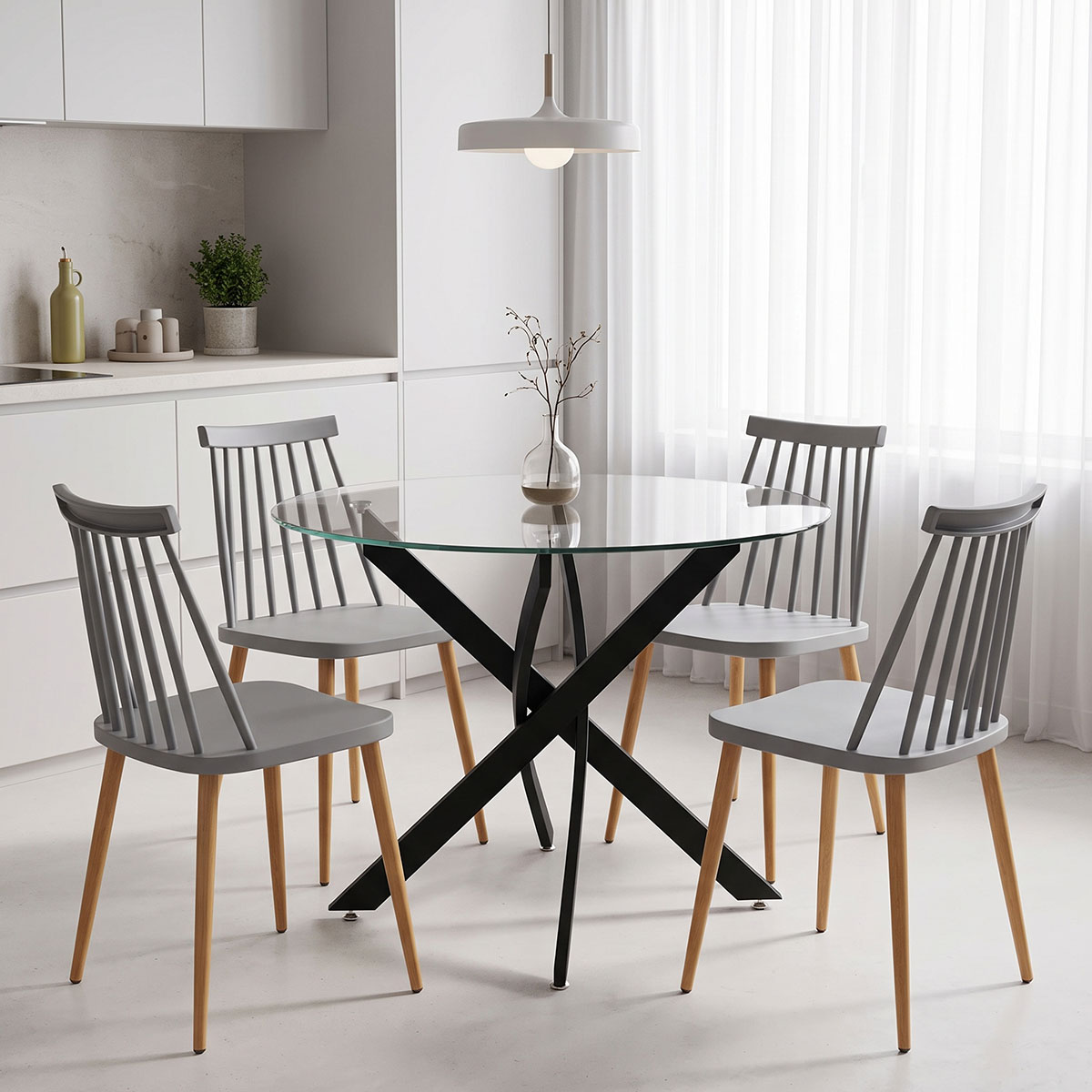 200-001909 Dining room with Aurora chairs grey and Antoro table glass with black metal Φ80x75cm set 5pcs - Слика 1