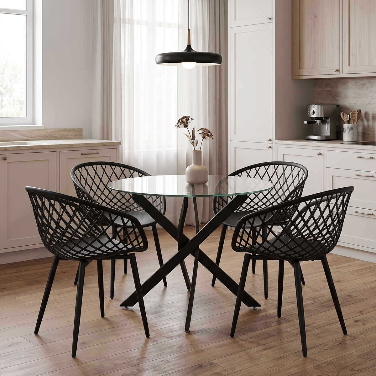 200-001910 Dining room with Ezra Armchairs black and Antoro table glass with black metal Φ80x75cm Set 5pcs - Слика 1