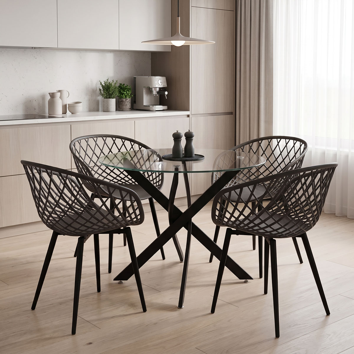 200-001911 Dining room with Ezra Armchairs anthracite and Antoro table glass with black metal Φ80x75cm Set 5pcs - Слика 1