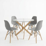 Julita dining set with grey Chairs and Antoro glass table with metal frame in natural finish Ø80x75cm 5-piece Set - Слика 2