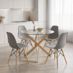 Julita dining set with grey Chairs and Antoro glass table with metal frame in natural finish Ø80x75cm 5-piece Set