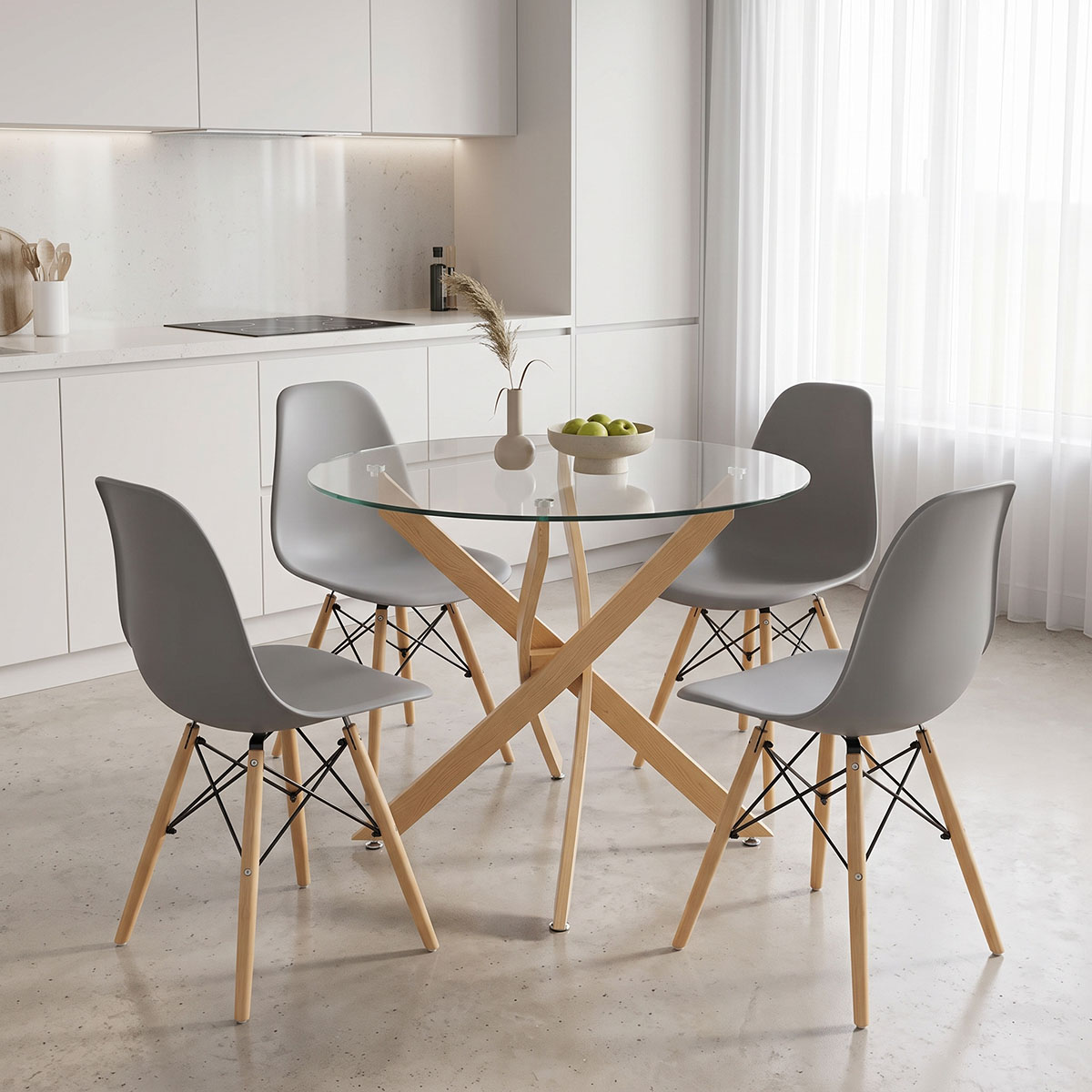 200-001916 Julita dining set with grey Chairs and Antoro glass table with metal frame in natural finish Ø80x75cm 5-piece Set - Слика 1