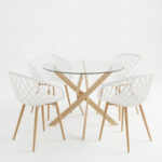 Ezra dining set with white Armchairs and Antoro glass table with metal frame in natural finish Ø80x75cm 5-piece Set - Слика 2