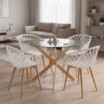 Ezra dining set with white Armchairs and Antoro glass table with metal frame in natural finish Ø80x75cm 5-piece Set