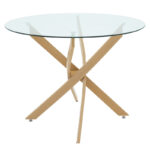 Ezra dining set with white Armchairs and Antoro glass table with metal frame in natural finish Ø80x75cm 5-piece Set - Слика 3