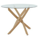 Ezra dining set with white Armchairs and Antoro glass table with metal frame in natural finish Ø80x75cm 5-piece Set - Слика 4