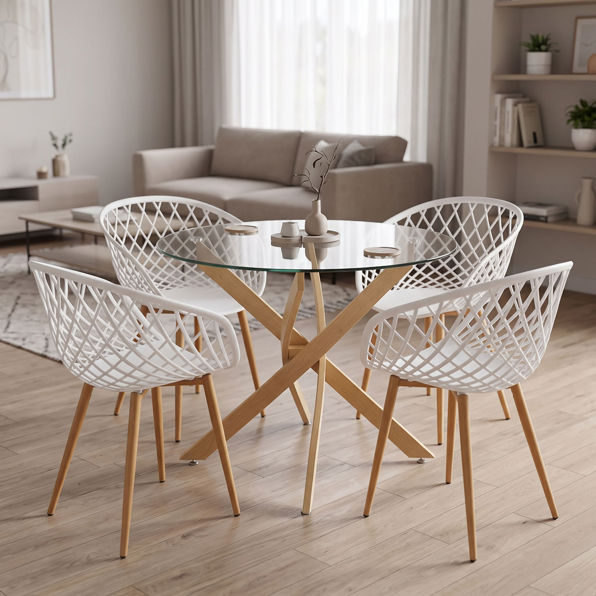 200-001919 Ezra dining set with white Armchairs and Antoro glass table with metal frame in natural finish Ø80x75cm 5-piece Set - Слика 1