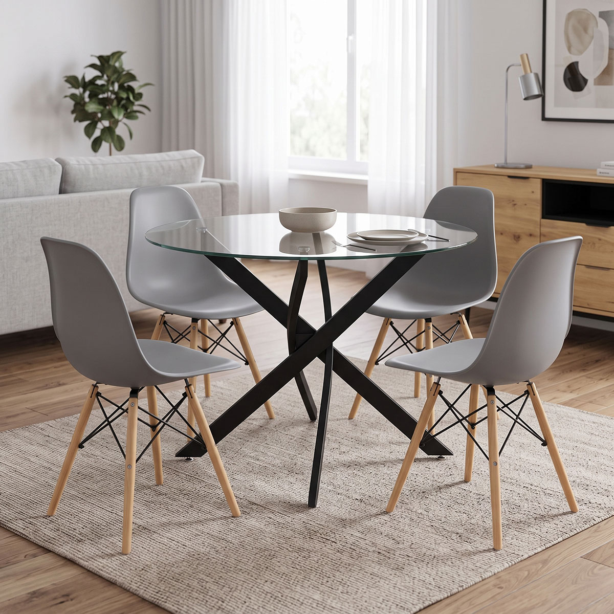 200-001931 Dining Set with Julita Chairs grey and Antoro Table glass with black metal Φ100x75cm Set 5pcs - Слика 1