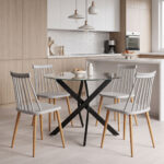 Dining Set with Aurora grey Chairs and Antoro Table glass with black metal Φ100x75cm Set 5pcs