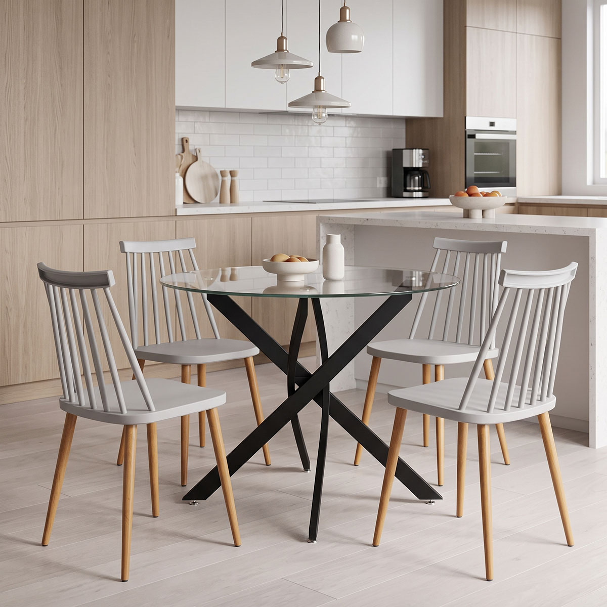 200-001933 Dining Set with Aurora grey Chairs and Antoro Table glass with black metal Φ100x75cm Set 5pcs - Image 1