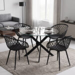 Dining Set with Ezra black Armchairs and Antoro Table glass with black metal Φ100x75cm Set 5pcs