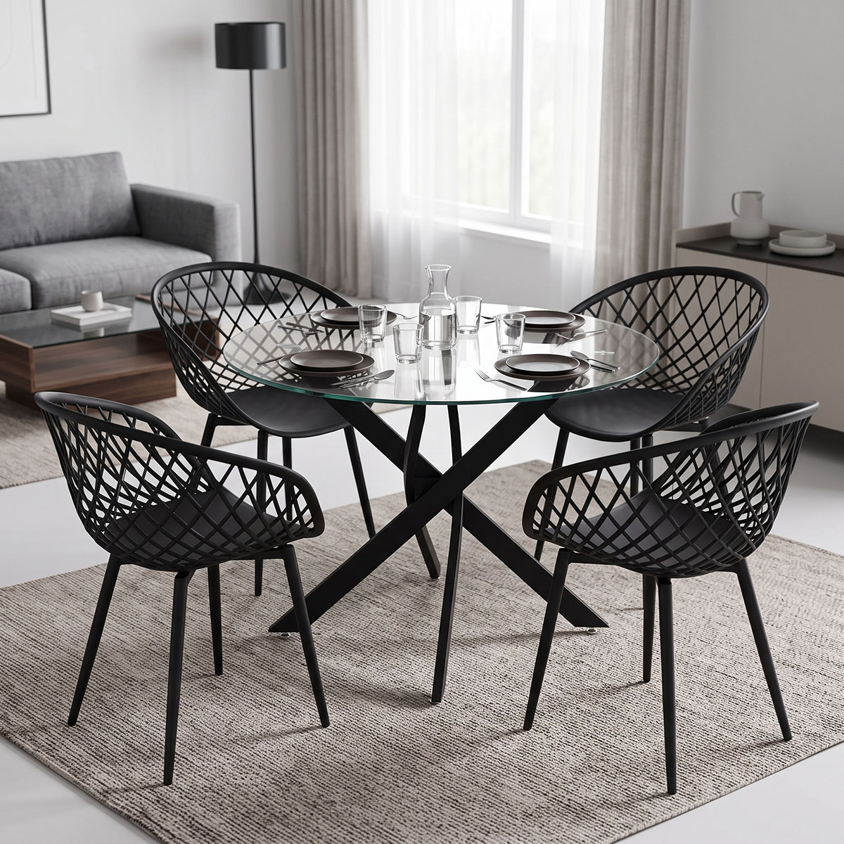 200-001934 Dining Set with Ezra black Armchairs and Antoro Table glass with black metal Φ100x75cm Set 5pcs - Слика 1