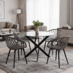 Dining Set with Ezra anthracite Armchairs and Antoro Table glass with black metal Φ100x75cm Set 5pcs