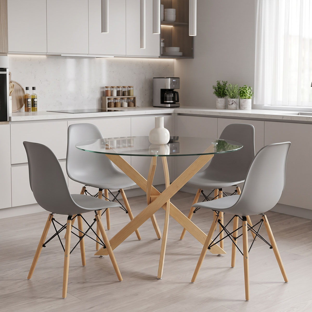 200-001940 Dining Set with Julita grey Chairs and Antoro Table glass with metal in natural finish Φ100x75cm Set 5pcs - Image 1
