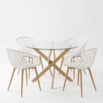 Dining Set with Ezra white Armchairs and Antoro Table glass with metal in natural finish Φ100x75cm Set 5pcs - Слика 2