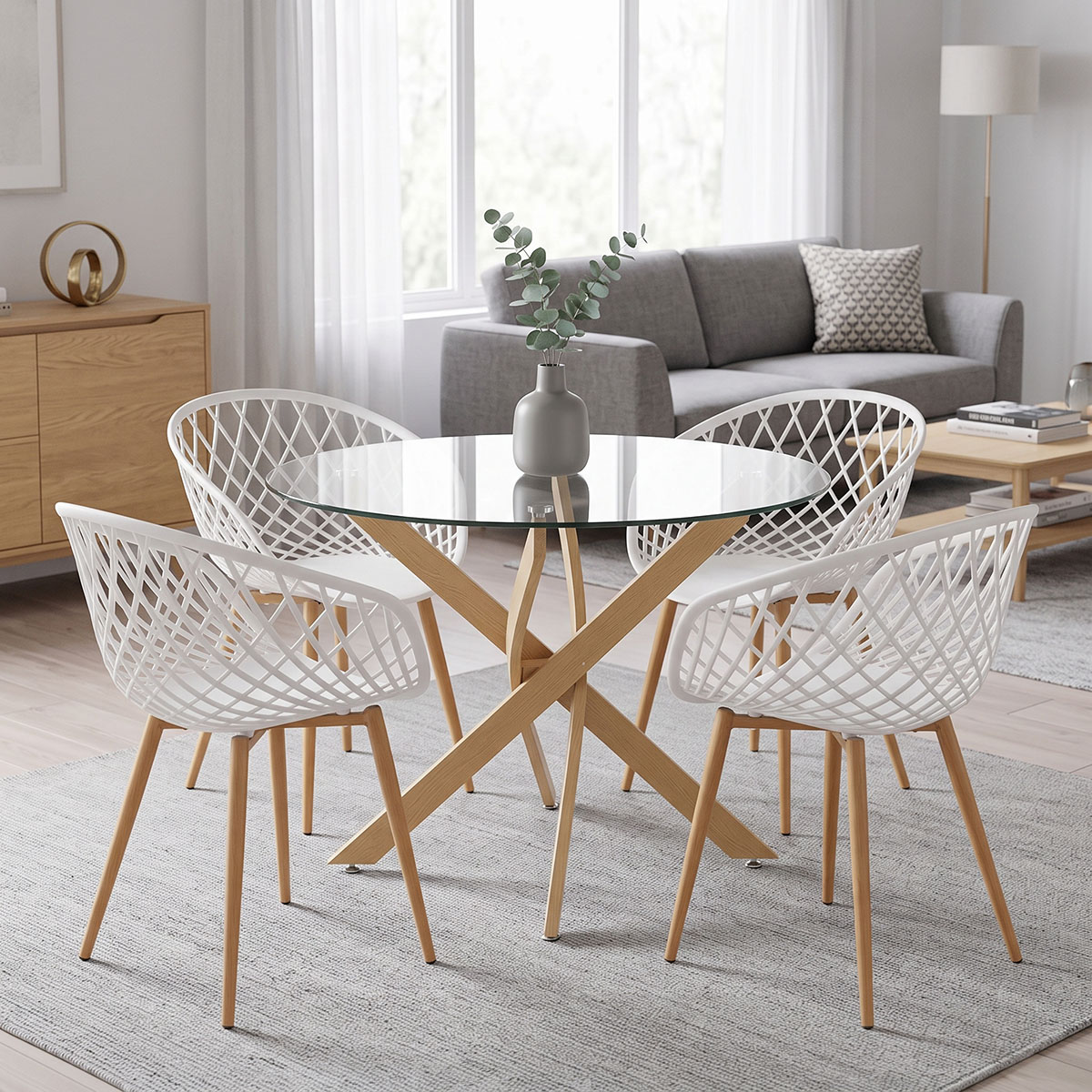200-001943 Dining Set with Ezra white Armchairs and Antoro Table glass with metal in natural finish Φ100x75cm Set 5pcs - Слика 1