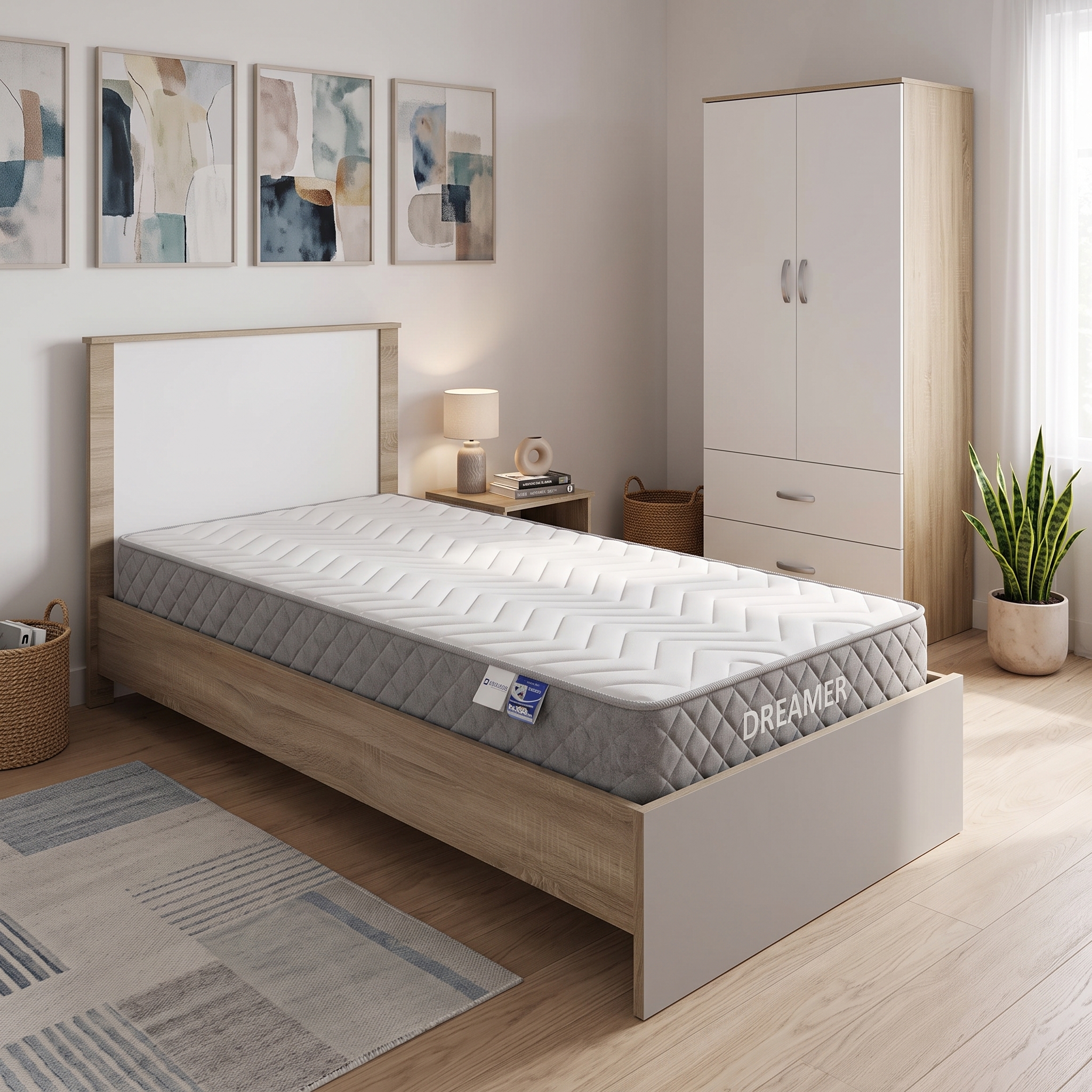 200-002096 Athos Sonoma-White Bedroom Set with 2 Door Wardrobe and Dreamer Mattress 90x190cm 3 Piece Set - Слика 1