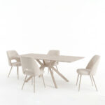 Dining set with Nelda cream chairs and Olven table in travertine look 44x58x82cm Set of 5pcs - Image 2