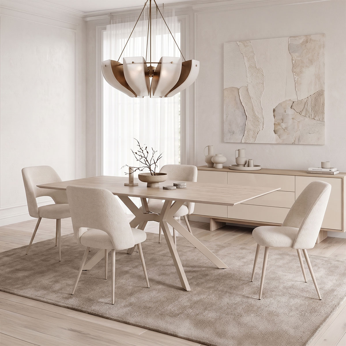 200-002100 Dining set with Nelda cream chairs and Olven table in travertine look 44x58x82cm Set of 5pcs - Image 1