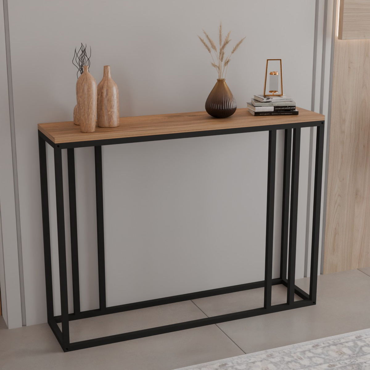 321-000132 Cansbia console table oak with black metal 100x25x75cm - Слика 1
