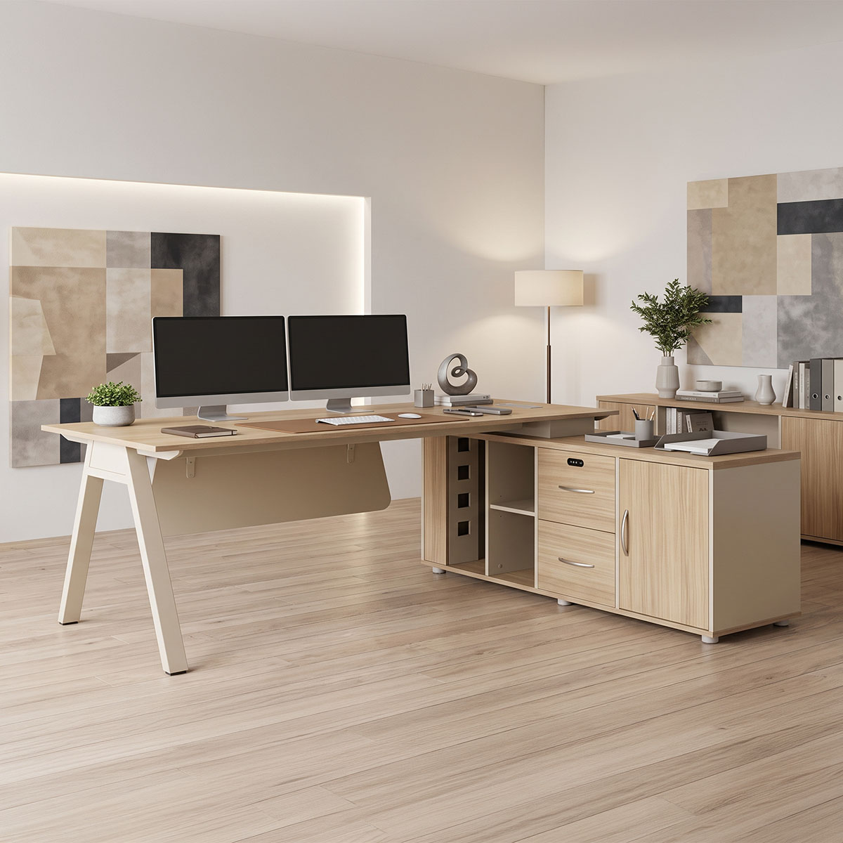 367-000025 Professional reversible work desk Stark corner in oak-beige shade 200x90x75cm - Слика 1