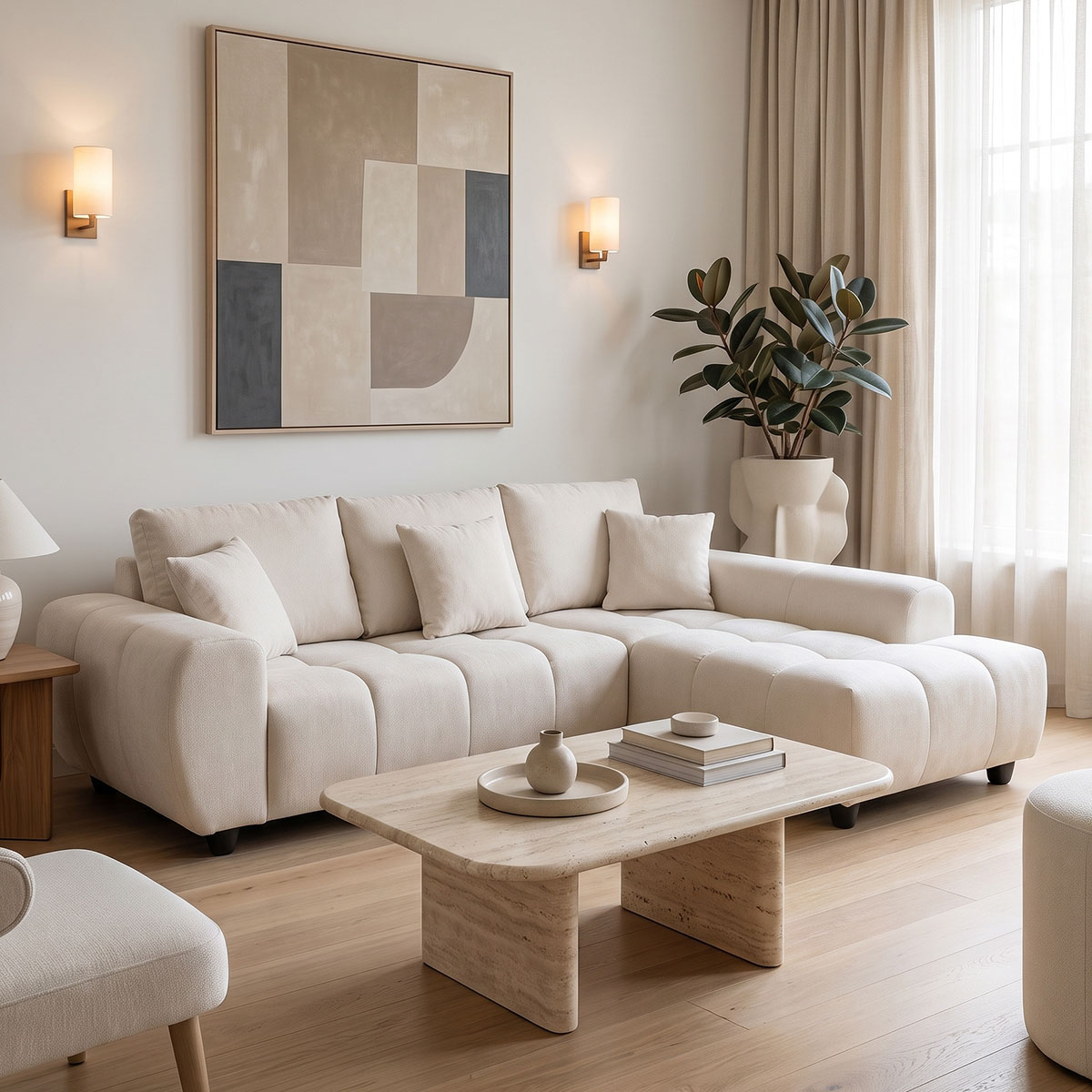 371-000031 Left corner sofa Londe beige fabric 273x211x92cm - Слика 1