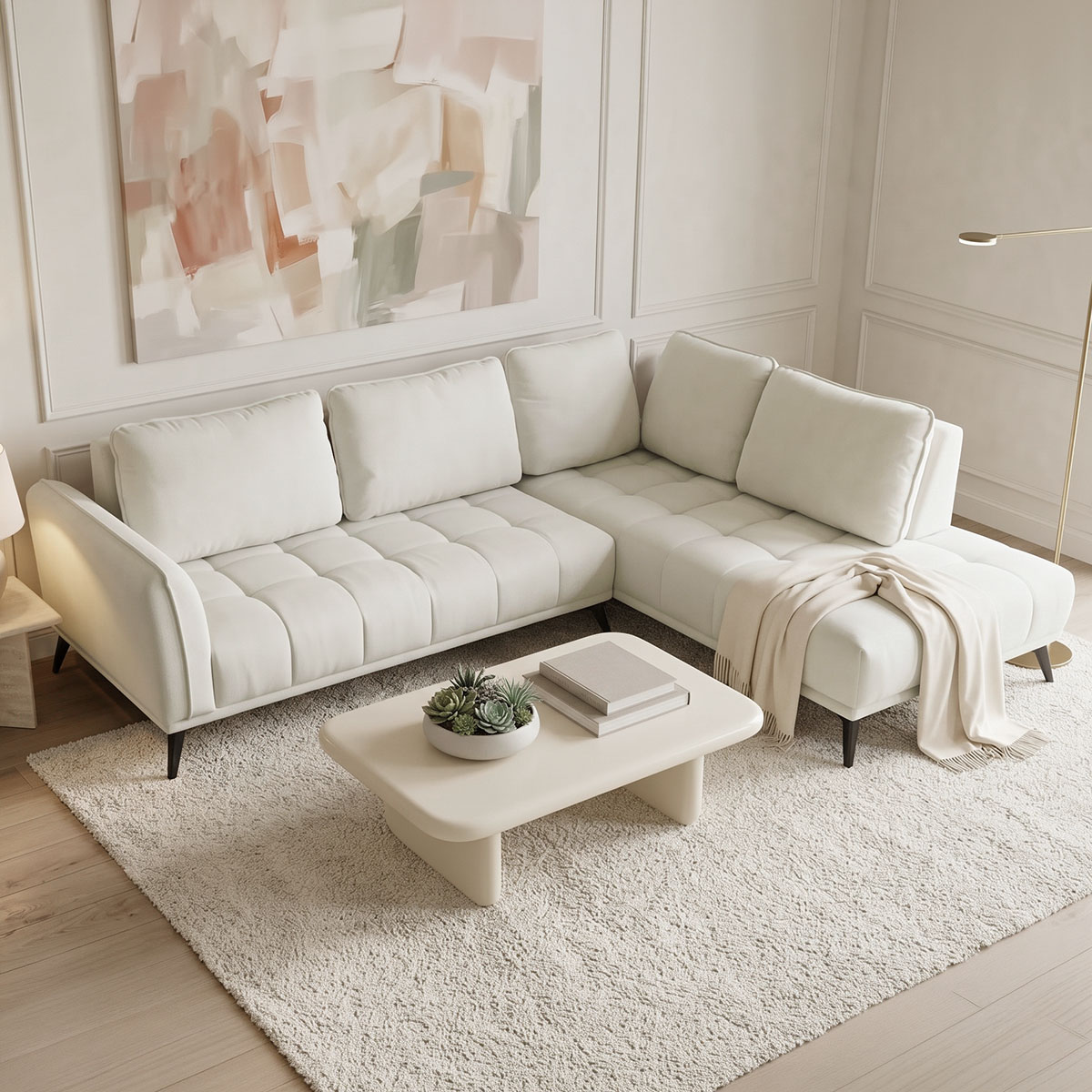 371-000041 Left corner sofa Belanza beige fabric 265x213x90cm - Слика 1
