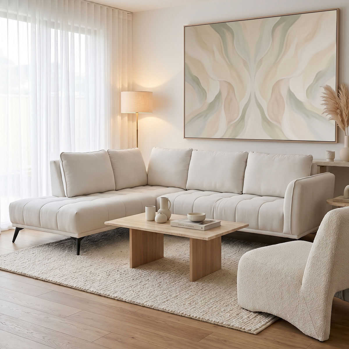 371-000042 Right corner sofa Belanza beige fabric 265x213x90cm - Image 1