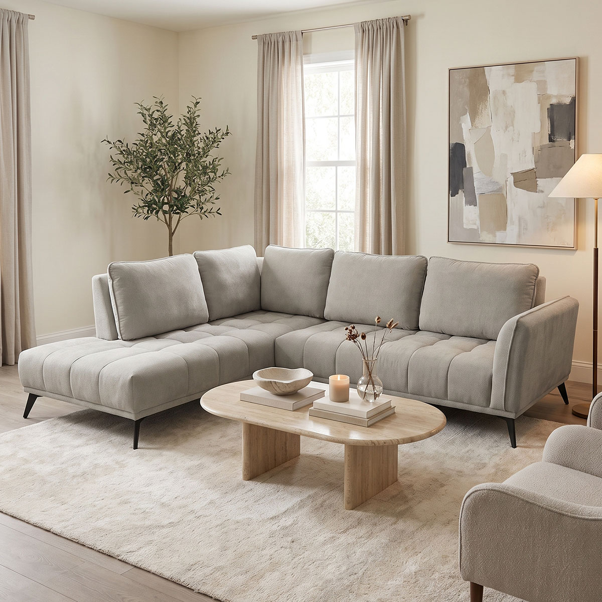 371-000046 Right corner sofa Belanza grey beige fabric 265x213x90cm - Слика 1