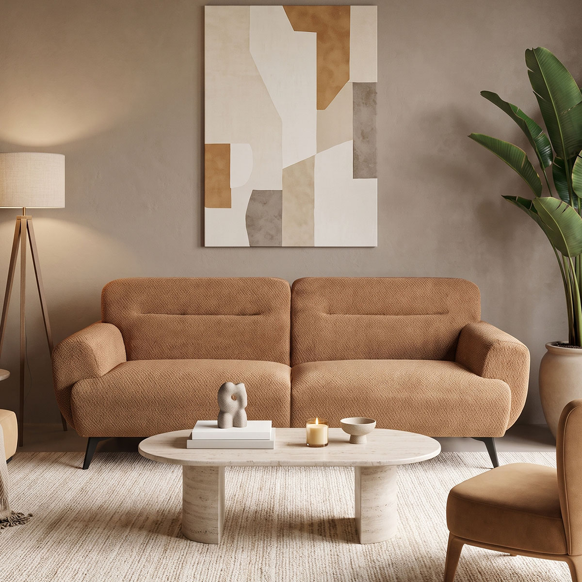 371-000048 3-seater sofa Anbola tan brown fabric 213x87x80cm - Image 1