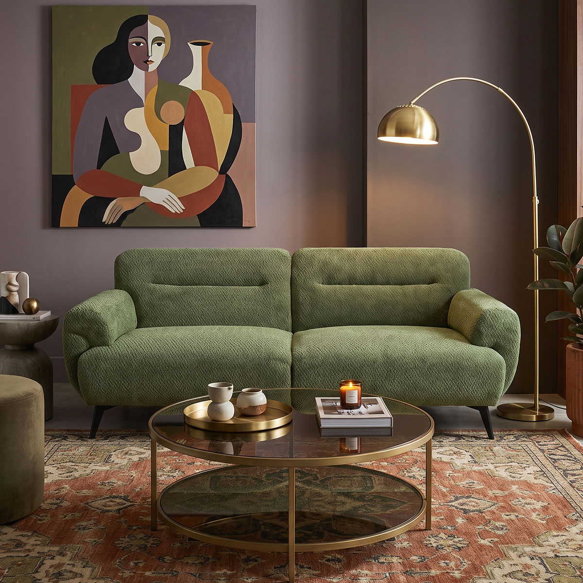 371-000049 3-seater sofa Anbola green fabric 213x87x80cm - Image 1