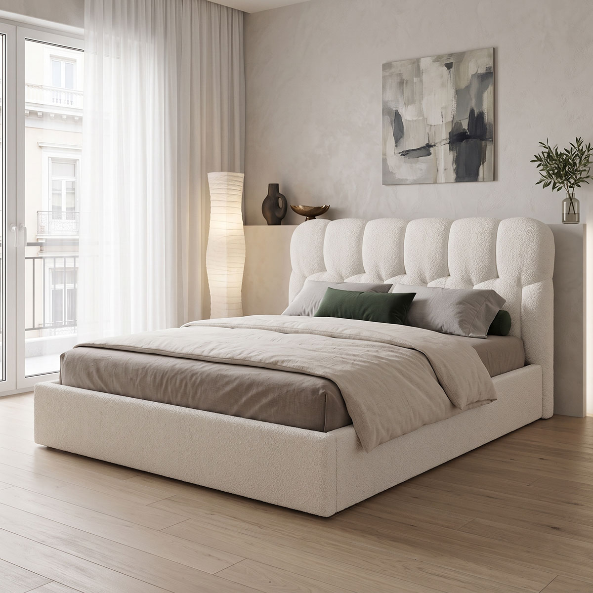 429-000007 Double bed Sectra with storage space cream boucle fabric 160x200cm - Image 1