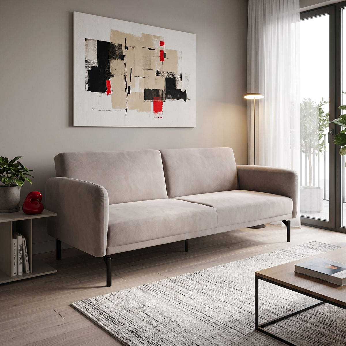 035-000119 Sofa bed Veluto 3seater grey beige velvet 197x85x83cm - Слика 1