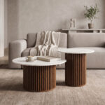 Coffee table Skerta set of 2 pieces white sintered stone mdf walnut base