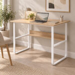 Study desk Kela mdf in oak color and white metal legs 100x60x73cm