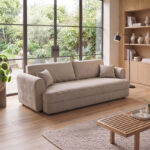 Three seater sofabed Storida with storage space beige fabric 255x94x92cm