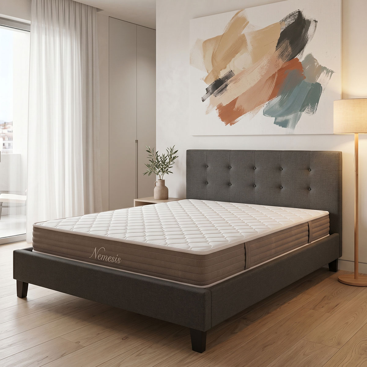200-001752 Bed with mattress Mago-Nemesis fabric anthracite 150x200cm - Image 1