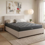 Bed with mattress and storage space Norse-Resty fabric ecru 160x200cm