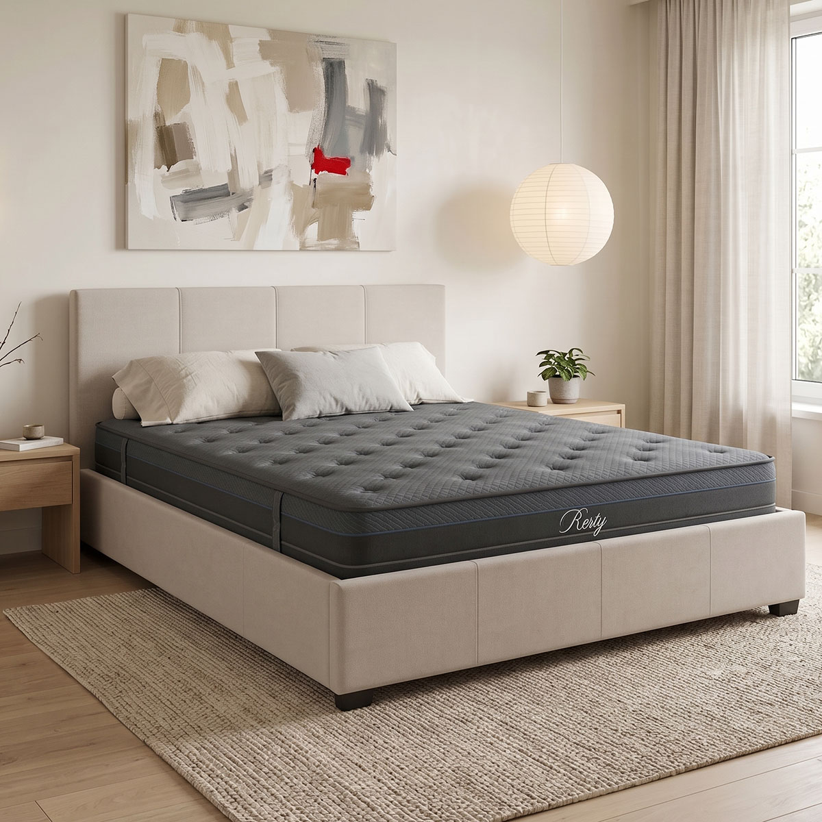 Bed with mattress and storage space Norse-Resty fabric ecru 160x200cm Bed with mattress and storage space Norse-Resty fabric ecru 160x200cm - Image 1