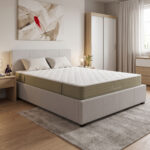 Bed with mattress and storage space Norse-Nemesis fabric ecru 160x200cm