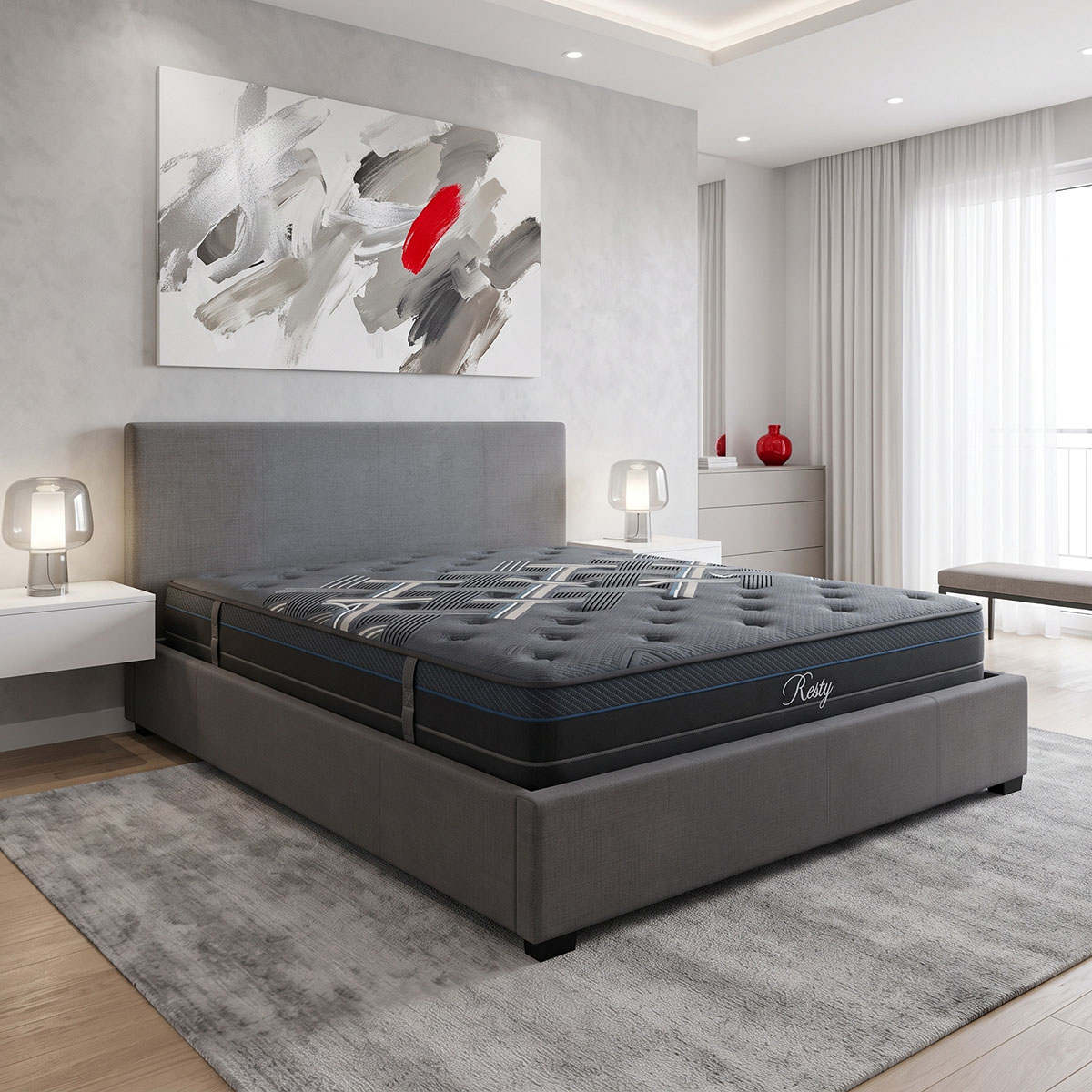 Bed with mattress and storage space Norse-Resty fabric charcoal gray 160x200cm Bed with mattress and storage space Norse-Resty fabric charcoal gray 160x200cm - Image 1