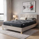 Bed with mattress Mago-Resty fabric ecru – natural wood legs 160x200cm