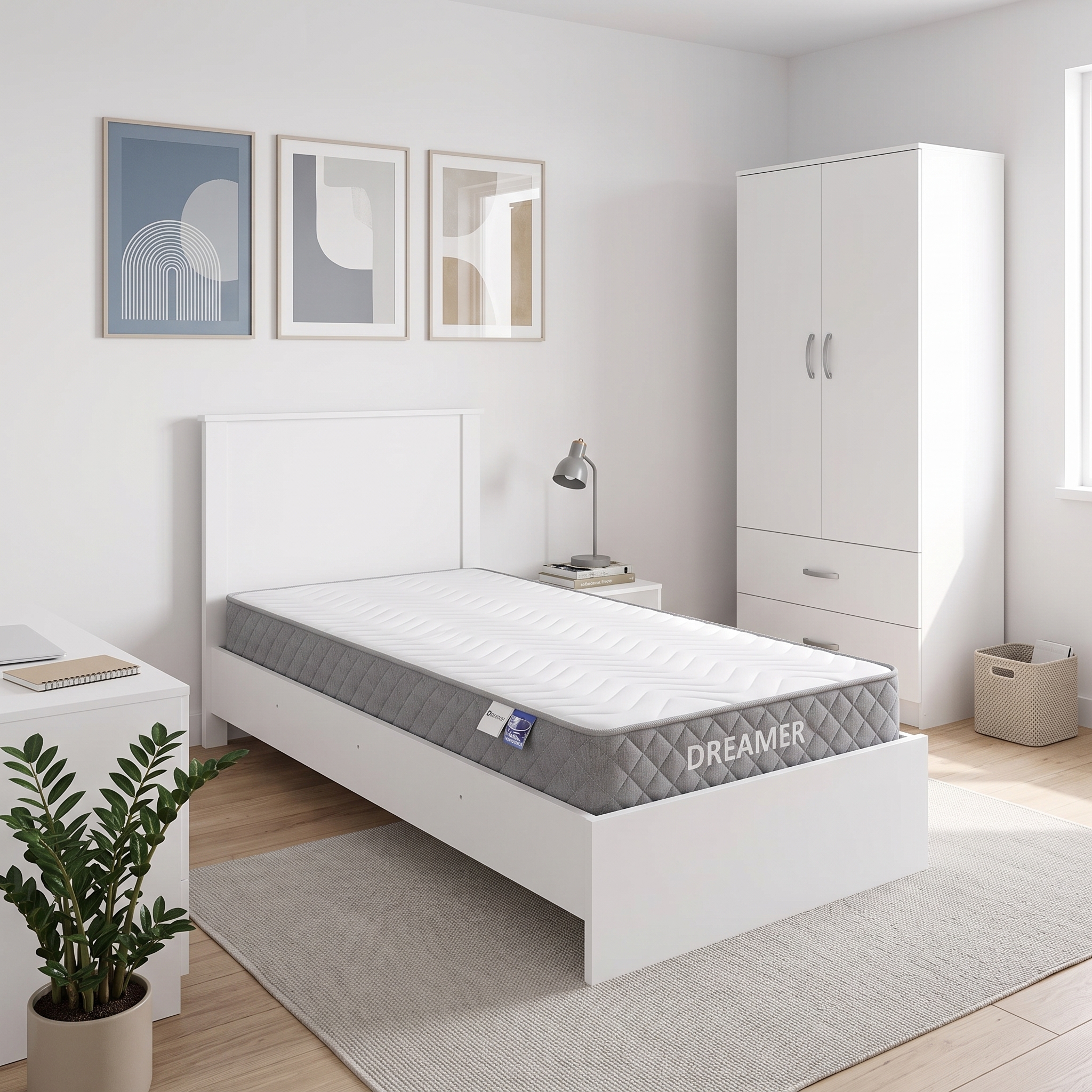 Athos White Bedroom Set with 2 Door Wardrobe and Dreamer Mattress 90x190cm 3 Piece Set Athos White Bedroom Set with 2 Door Wardrobe and Dreamer Mattress 90x190cm 3 Piece Set - Image 1