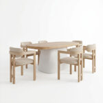 Dining set with Winsor beige Armchairs and Fessen Table white in natural shade 180x90x78cm Set 7pcs - Image 2